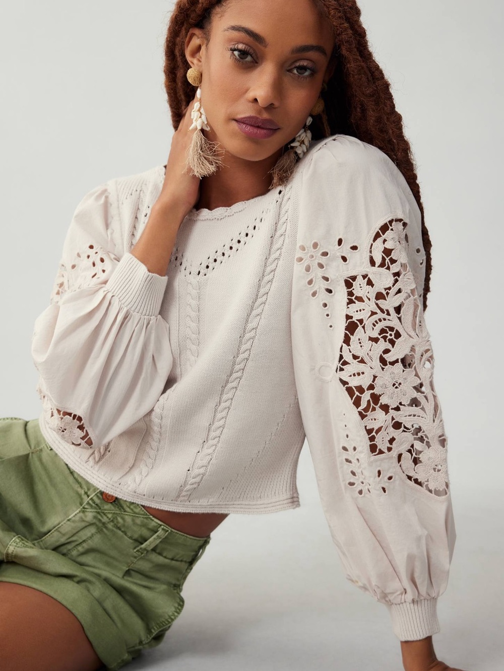 By Anthropologie Cutwork Puff-Sleeve Cotton Sweater - Large - Picture 2 of 9